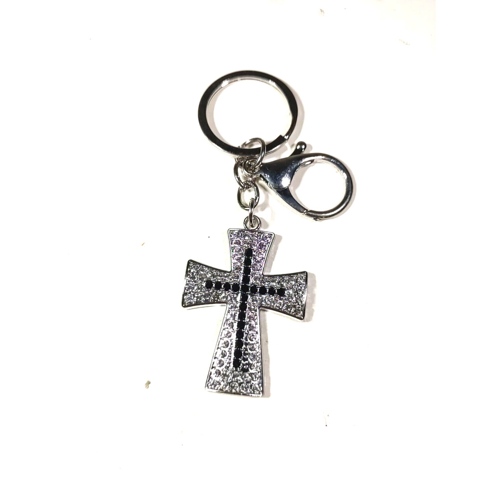 Rhinestone Cross Black Clear Keychain Luggage Purse Clip Religious